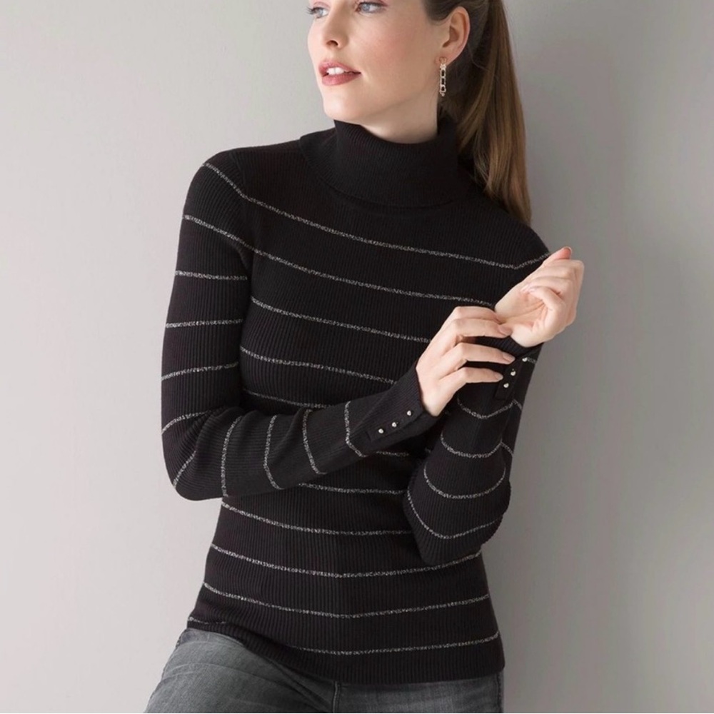 WHBM Metallic Silver & Black Striped Ribbed Turtleneck Sweater, women’s size L